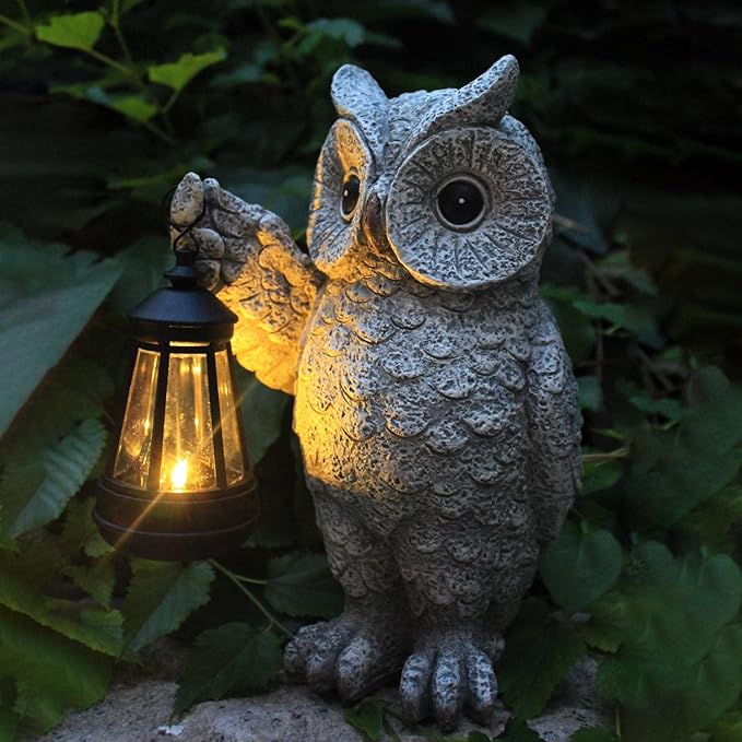 GUANFU Garden Statues, owl Outdoor Figurines Decorated with Solar Lights, Unique Christmas Birthday Gifts for Moms, Grandmas, Women, Wives, Sisters (Grey Owl1)
