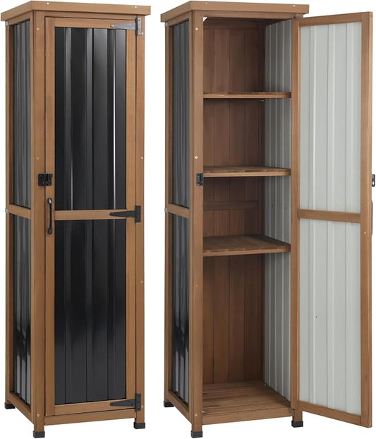 62" H Tall Narrow Outdoor Storage Cabinet with Metal Top, Outdoor Shed Storage Unit Waterproof with Adjustable Shelves for Garden, Patio, Living Room, or Entryway Storage, Black by PETSCOSSET