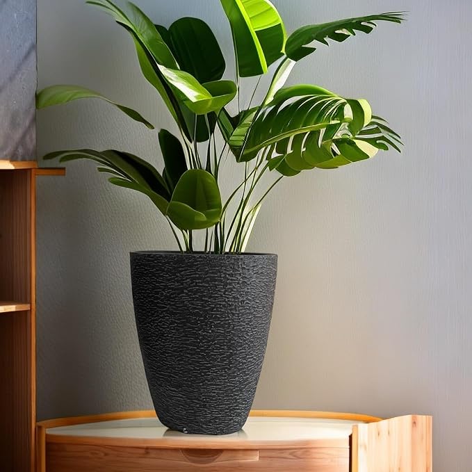10 inch Garden Planter Lightweight Indoor Outdoor Pots with Drainage Hole for Potted Plants Flowers Greenery, Set of 2 (Black Grain Texture)