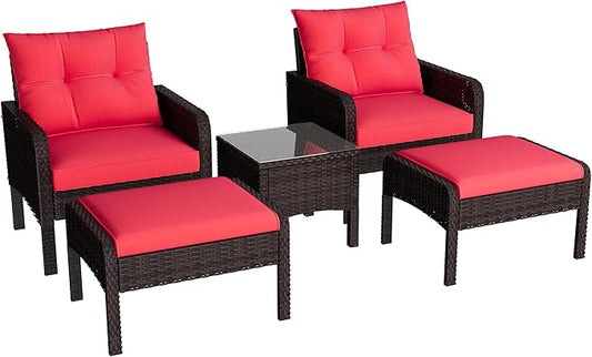 U-MAX Outdoor 5 Pieces Patio Furniture Set, PE Rattan Wicker Chairs with Ottoman and Table, Bistro Set for Front Porch, Garden, Backyard, Balcony, Brown/Red