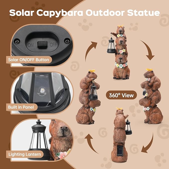 Capybara Solar Garden Statue, Outdoor Capybara Statue with Flower Decoration & Lantern Light, Funny Triple Capybara Decor for Women, Capybara Figurine for Yard Garden Patio Lawn Ornaments