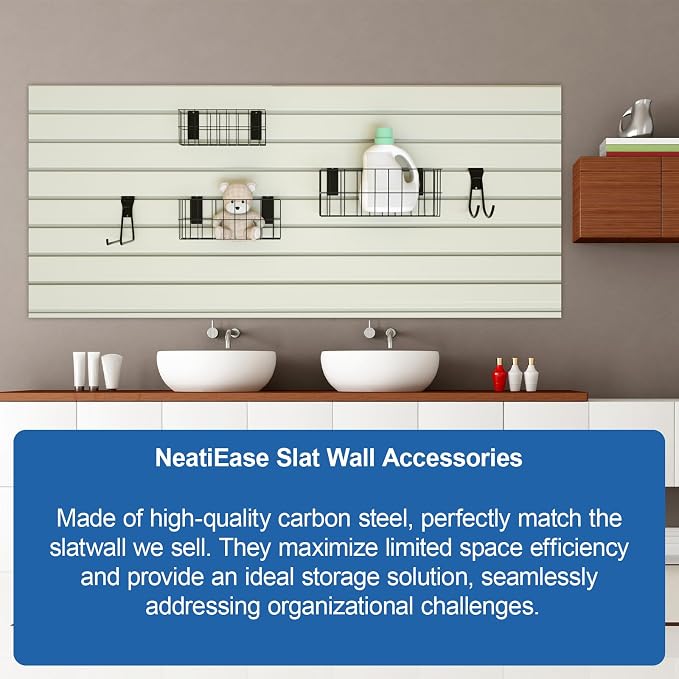 NeatiEase 29 PCS Slatwall Accessories Kit for Garage Rooms Shops Storage, Slat Wall Accessory Includes 3 Pack Slatwall Baskets Set and 26 PCS Multisized Heavy Duty Slatwall Hooks - Image 3