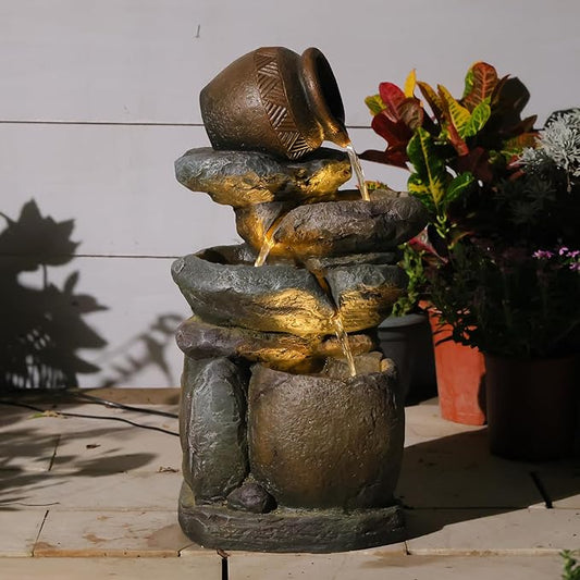 Outdoor Rock Garden Water Fountain for Garden, Patio, Backyard, Deck, Porch and Office, Living Room Home Art Decor, 3 Tiers Natural Cascading Outdoor Fountain with LED Lights 11“x9”x22