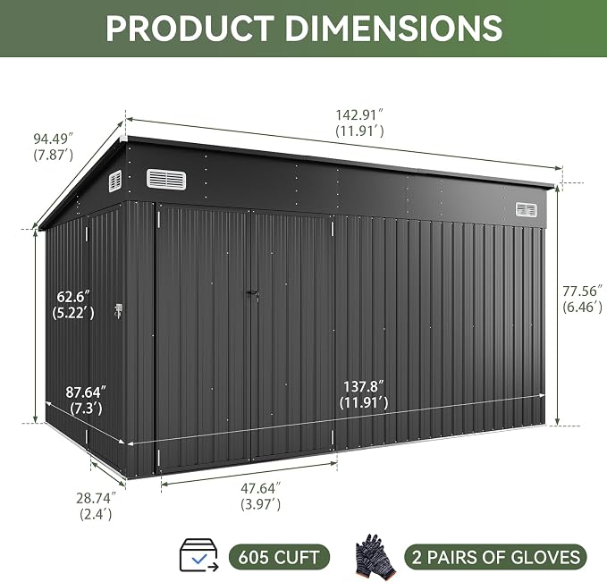Aoxun 12' x 7.3' Shed 441 CU.FT Outdoor Waterproof Storage Shed with Triple Lockable Door Garden Metal Tool Shed for Outside (Black) - Image 2