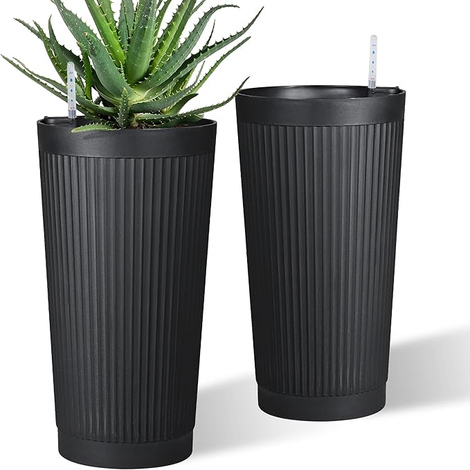 Self-Watering 24in Plastic Round Planter with Vertical Ribbed Design – Indoor Outdoor Flower Pot for Plants, Herbs, and Small Trees, Set of 2