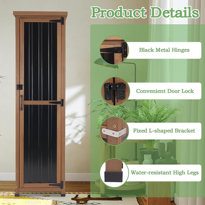 62" H Tall Narrow Outdoor Storage Cabinet with Metal Top, Outdoor Shed Storage Unit Waterproof with Adjustable Shelves for Garden, Patio, Living Room, or Entryway Storage, Black - Image 5