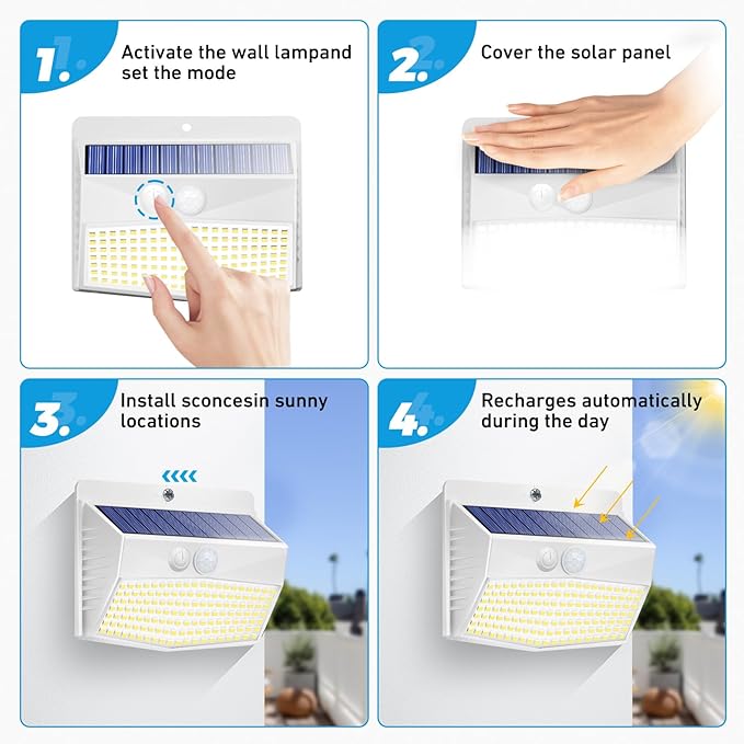 [4 Packs] Solar Outdoor Lights Motion Sensor Solar Security Lights Waterproof with 3 Lighting Modes Solar Powered Wall Lights Outside for Garden Fence Yard,White