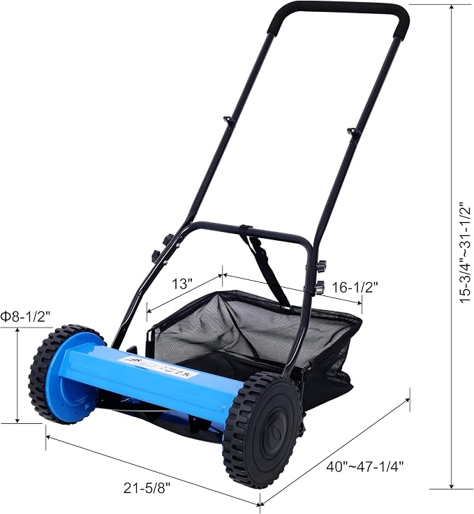 16-Inch 5-Blade Push Reel Lawn Mower with Grass Catcher (Blue) - Image 2