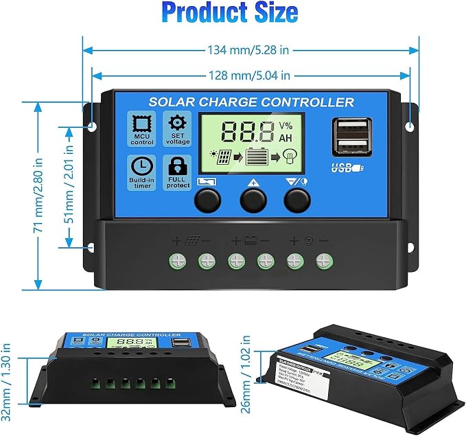 [Upgraded] 30A Solar Charge Controller, 12V/ 24V Solar Panel Regulator with Adjustable LCD Display Dual USB Port Timer Setting PWM Auto Parameter - Image 5