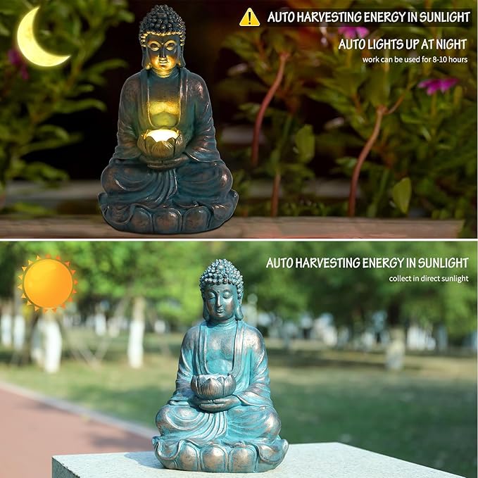 Bshine Solar Buddha Statue Outdoor Lights - 11x6 Inch Waterproof Garden Statue with Lotus, Meditation Zen Spiritual Room Decor for Yard, Patio, Buddha Figurine for Home Garden Decor Indoor