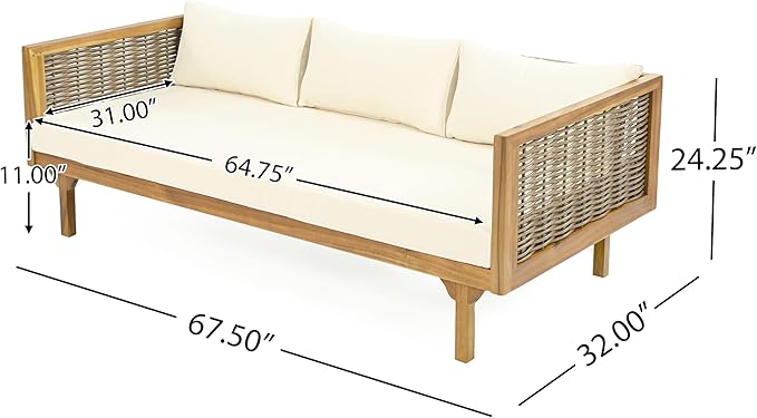 Christopher Knight Home Claremont Patio Sofa and Coffee Table Set, 2 Piece Wicker Patio Furniture Set, Acacia Wood 3 Seater Outdoor Sofa Daybed and Coffee Table Set, Teak+Beige