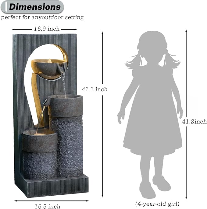Outdoor Water Fountain for Patio & Garden, 41" Modern Stone-Look Fountain with LED Lights & Cascading Waterfall – UV-Resistant Freestanding Indoor/Outdoor Water Feature