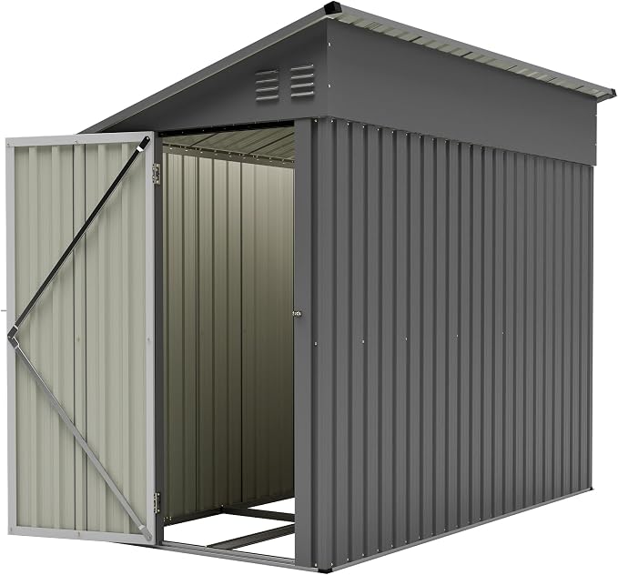 YOPTO 4×8 FT Lean to Metal Shed,Outdoor Heavy-Duty Storage Shed with Floor Base,All Weather Waterproof Garden Tool House W/Lockable Door&2 Air Vents,Reversible Door Design,for Backyard,Patio,Lawn,Gray - Image 17