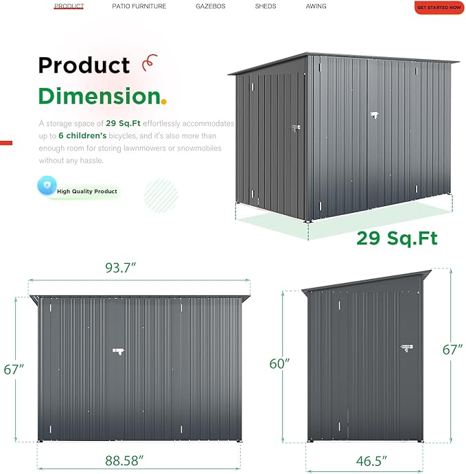 AECOJOY 4'x7' Outdoor Storage Lean to Shed,7x4 Outdoor Horizontal Metal Sheds & Outdoor Storage with Triple Lockable Door, Small Metal Storage Cabinet for Bicycles, Tools Storage for Garden Use - Image 3