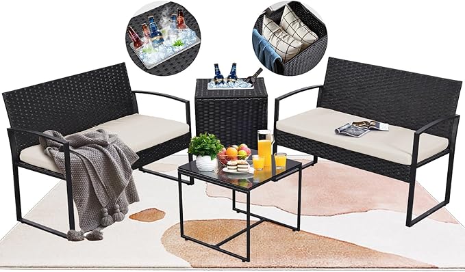 FHFO 4 Piece Outdoor Patio Furniture Set with Built-in Beverage Cooler Storage Box, Wicker Conversation Sets Patio Outdoor Loveseats & Coffee Table for Outside, Garden, Balcony, Porch, Black/Beige