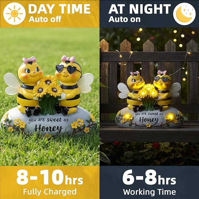 Solar Bee Lights Garden Statues 5.5" Resin Bee Figurine Waterproof Yard Lawn Patio Decorations Birthday Housewarming Gifts for Mom Wife Women Honeybee Decor Garden Sculptures with Sunflowers
