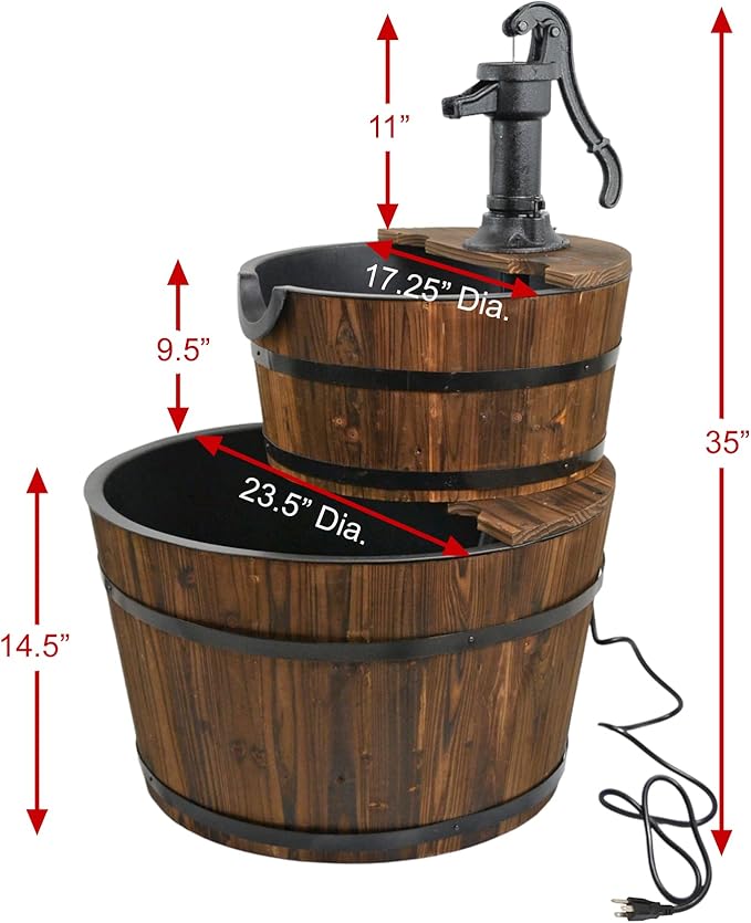 Extra Large Cascading Water Fountain for Outdoor Outside Patio Yard | Decorative 2-Tier Wood Barrel Fountain with Pump | 37.5" Tall Garden Waterfall Fountain