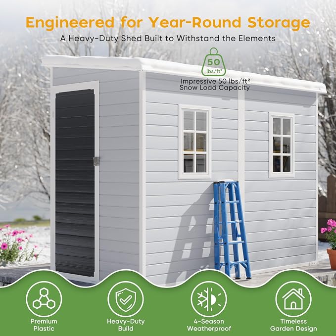 WACASA 4x8 FT Outdoor Storage Shed with Floor, 21-Gauge Reinforced Steel & 16mm Thickened Resin Walls, Space-Saving Lean-to Tool House with 2 Awning Windows & Lockable Single Door for Side Yard - Image 7