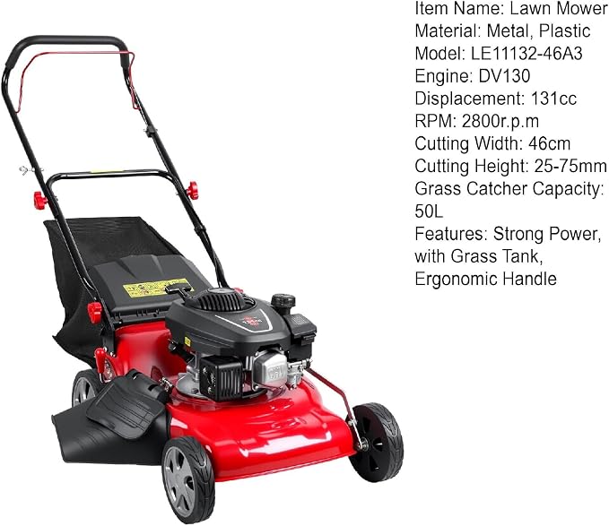 18-Inch Self-Propelled Lawn Mower, 131cc 3-in-1 Gas Lawn Mower with 50L Grass Bag, Mulch, Bag and Side-Discharge, Rear Wheel Drive for Yard & Garden (131cc 18-Inch) - Image 8