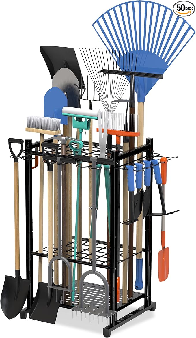 Sttoraboks Garden Tool Organizer Rack Up to 50 Tools, Heavy-Duty Steel Yard Tool Organizer for Garage Storage with 11 Hooks, Broom Holder & Garden Tool Rack for Shed, Patio, Outdoor Use, Black by Sttoraboks