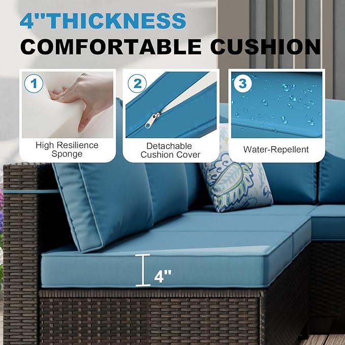 8 Piece Outdoor Patio Furniture Set with Fire Pit Table, Wicker Sectional Sofa Set with Thick Cushions, Perfect for Garden Lawn Pool or Backyard, (Brown/Peacock Blue)