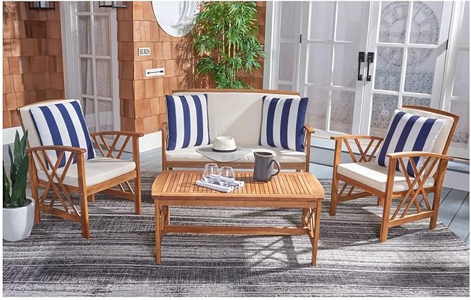 SAFAVIEH Outdoor Collection Fontana Natural/ Beige Cushions/ Thick Stripe Pillows 4-Piece Conversation Patio Set