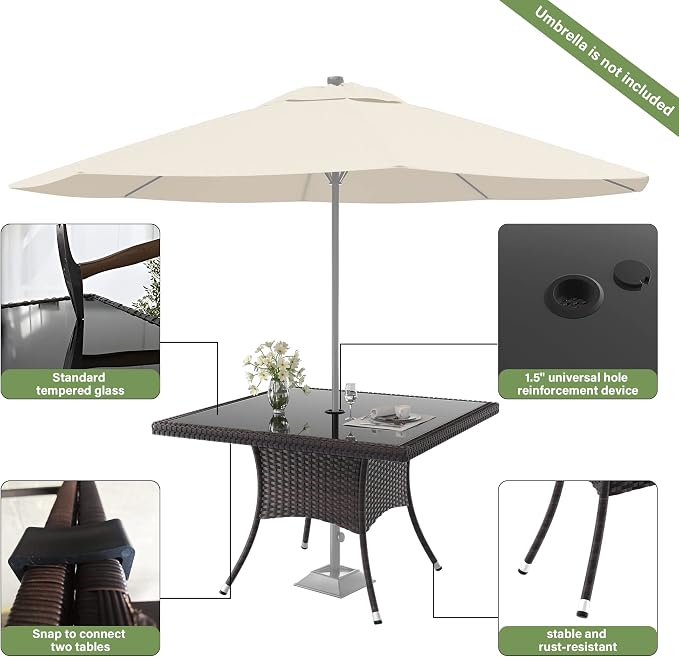 ALAULM 5 Piece Patio Dining Set All-Weather Wicker Outdoor Furniture Set w/Tempered Glass Tabletop, Removable Cushions and Umbrella Hole for Patio, Backyard, Garden, Poolside（Brown） - Image 5