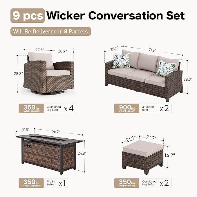 Swivel Glider Patio Furniture Set Outdoor Furniture Brown Wicker Rattan Patio Conversation Sets with Cushion Outside Sofa Set,8 Pieces with Rectangular Firepit Table,12 Seats,Beige