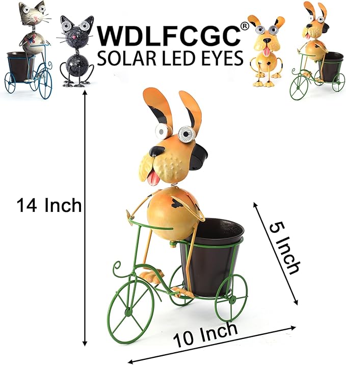 Dog Solar Lights Outdoor Cycling Plant Stand,Yard Art Metal Dog Statues,Outdoor Funny Statue for Garden Decor Yard Lawn Ornaments