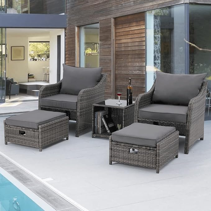 HOMREST 5 Piece Balcony Furniture, All Weather PE Wicker Rattan Patio Furniture Set, Cushioned Patio Chairs Set of 2 w/Ottoman&Table, Outdoor Lounge Chair for Lawn Pool Balcony, Grey
