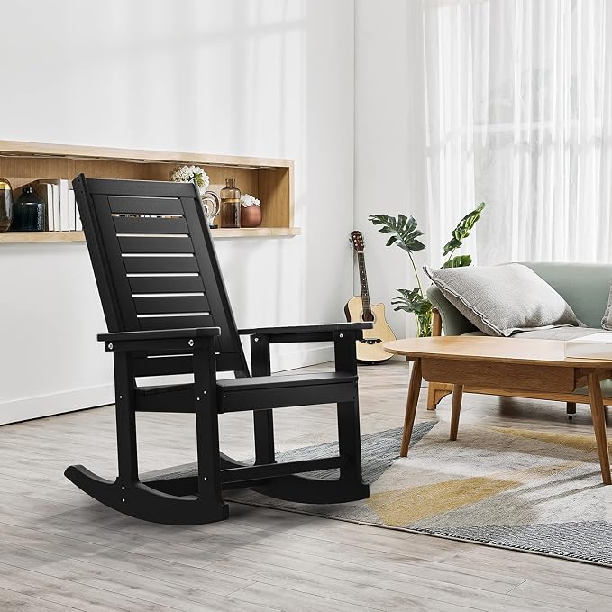 GREENVINES Outdoor Rocking Chairs | Set of 4 | Porch Rocker | HDPE Plastic | Black | Oversized Rockers | High Back | Big & Tall | Ladder Back | for Patio Outside Backyard Balcony Garden - Image 2