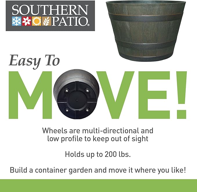 Southern Patio 22.5" Whiskey Barrel Outdoor Planter with Wheels, Drainage Hole & Plug, 69.34 qt. Capacity