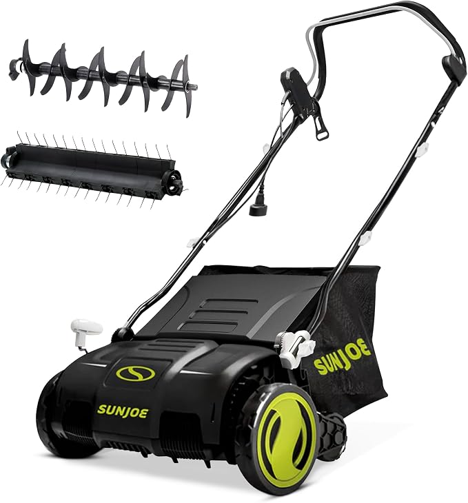 Sun Joe 15-Inch Electric Powered Lawn Dethatcher with Scarifier Blade Reel and Collection Bag - 13-Amp Corded Yard Power Rake Tool Machine for Grass Thatch Removal, AJ805E by SunJoe