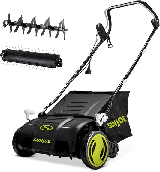 Sun Joe 15-Inch Electric Powered Lawn Dethatcher with Scarifier Blade Reel and Collection Bag - 13-Amp Corded Yard Power Rake Tool Machine for Grass Thatch Removal, AJ805E by SunJoe