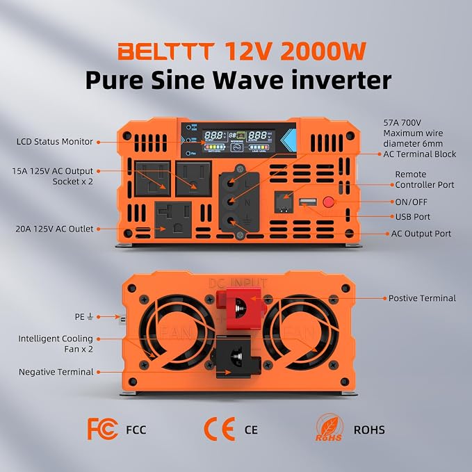 BELTTT 2000W Pure Sine Wave Inverter, Inverter 12V DC to 120V AC for Solar, RV, Truck, Outdoor, Power Inverter with Dual AC and 20A Socket, 5V 2.1A USB, Surge 4000W, Hardwire Port, Remote Controller - Image 8