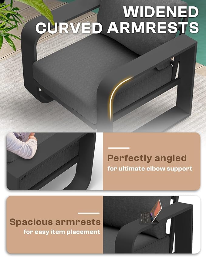 Aluminum Outdoor Patio Furniture Set, 5 Piece Oversized Patio Conversation Sets Widened Armrest & Ultra-Thick Cushions, Heavy Duty Modern Sectional Furniture for Backyard, Porch, Graphite