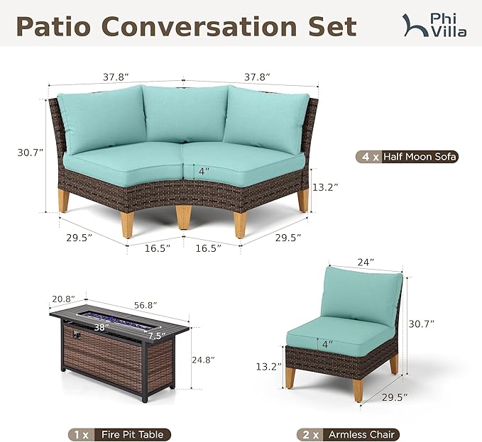 PHI VILLA 9-Piece Half Moon Patio Furniture Set with 56" Fire Pit Table, Outdoor Wicker Sectional Sofa with Aqua Blue Cushions, 2 Ottomans, Large Curved Conversation Seating for Garden or Backyard