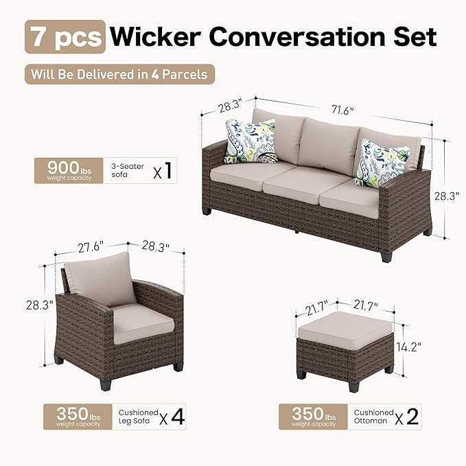 Patio Furniture Set Outdoor Furniture Brown Wicker Rattan Patio Conversation Sets with Cushion Outside Sofa Set,7 Pieces 9 Seats,Beige