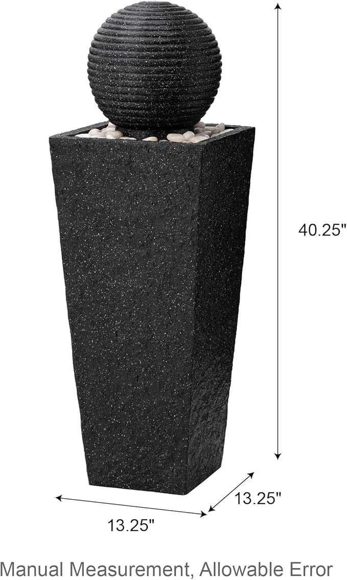 Glitzhome Outdoor Water Fountain with LED Light, Oversized Decorative Black Pedestal Water Fountains with Submersible Pump, Modern Sphere Floor Fountain with Pebbles for Garden Patio Decor, 40.25" H