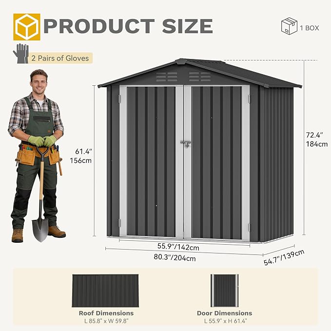 DWVO 6x4ft Outdoor Storage Shed, Weatherproof Tool Shed w/Locking Entry & Ventilation for Grass Cutter, Bike, Equipment, Courtyard, Garden (Dark Gray) - Image 8