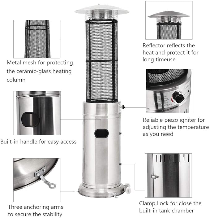 Giantex Propane Patio Heater, Floor-Standing Electric Heater w/Wheels, Dancing Flame, Quartz Glass Tube, Stainless Steel, Round Space Heater, Outdoor Heaters for Backyard, Balcony, BBQ Party, Silver