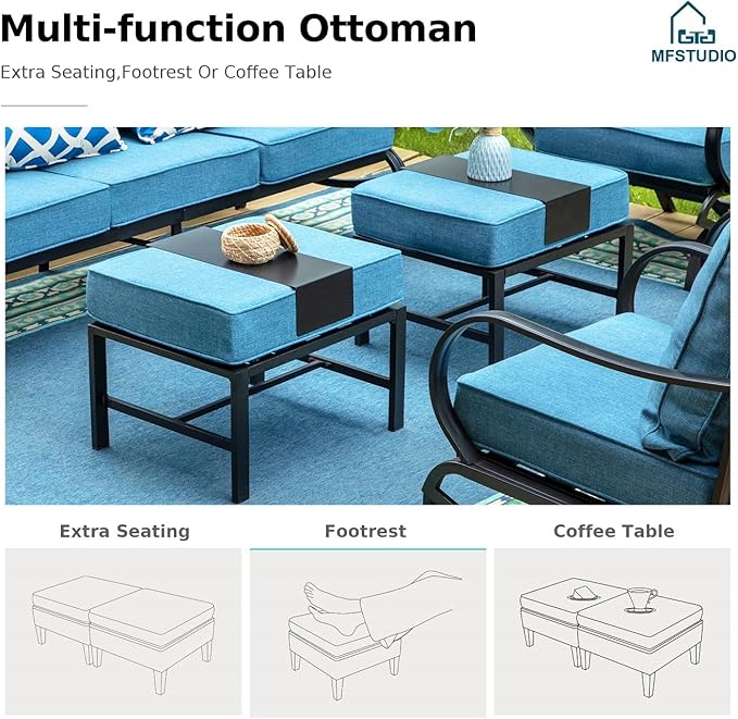 MFSTUDIO 5 Pieces Patio Conversation Sets,Outdoor Metal Furniture Sofas with 1 x 3-Seat Sofa, 2 x Swivel Chairs,2 x Ottoman,Wrought Iron Frame with Navy Cushion for Patio Courtyard Balcony