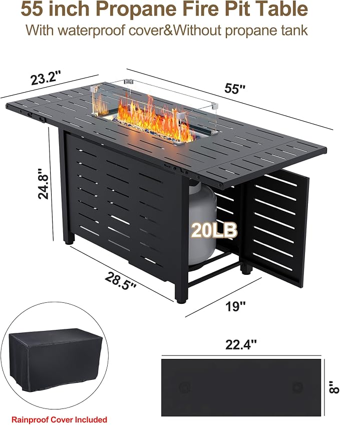 Hipicute 55" Outdoor Propane Fire Pit Table, 48,000 Btu Lp Gas Rectangular Fire Table with Ignition Systems and Lid,Outdoor Firetable with Glass Rocks for Patio Deck Garden Backyard - Image 7