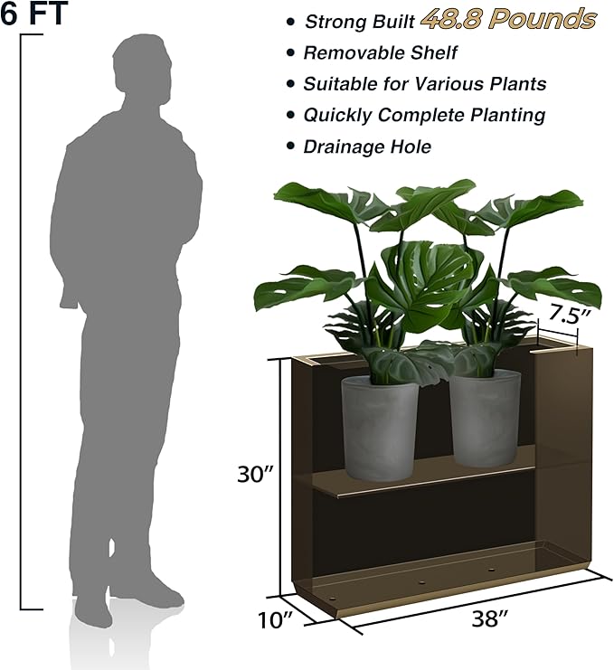 Wallowa Metallic Heavy Planter for Outdoor Plants, 38Lx10Wx30H Inches Tall and Long Metal Divider Planter Box for Outside & Indoor, No Assembly Required (Espresso)