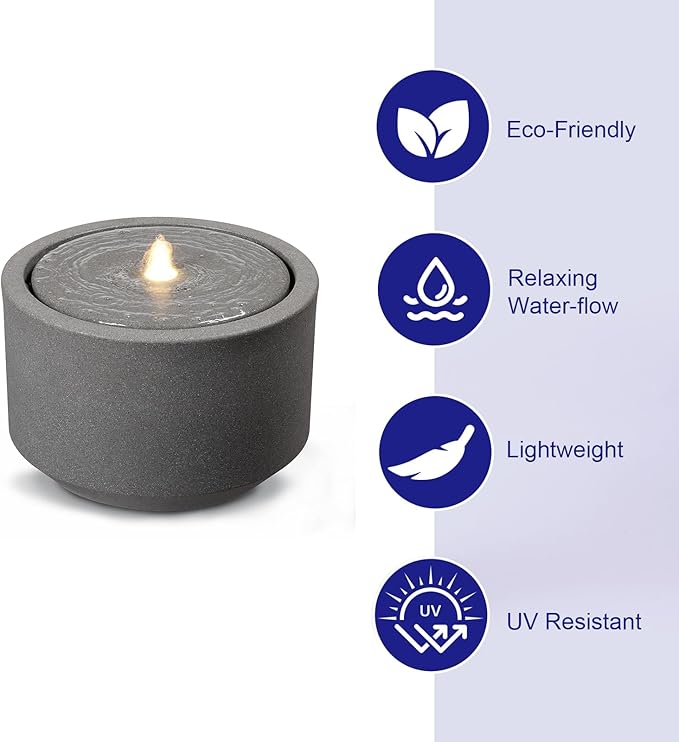 10.23” H Outdoor Water Fountain Made with Eco-Friendly Recyclable Materials, Polyethylene Round Bubbler Water Fountain Outdoor, Garden Decor with LED Light for Patio, Porch, Backyard
