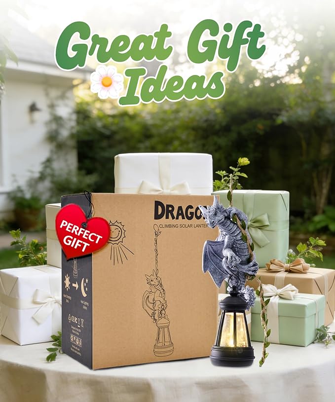 Nacome Dragon Outdoor Statues for Garden: Outside Hanging Climbing Sculptures with Lantern Decor for Yard Art Porch Balcony - Birthday Gifts for Grandma Mom Women