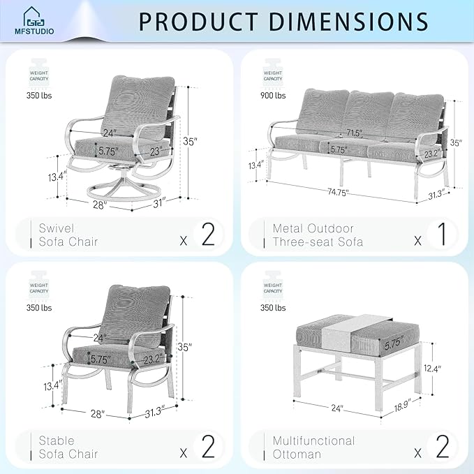 MFSTUDIO 7 Pieces Metal Patio Furniture Sets, 2 Swivel Chairs, 3-Seat Deep Seating Sofa, 2 Single Couch and 2 Ottoman, All Weather 9 Seats Outdoor Conversation Set for Garden Backyard, Peacock Blue