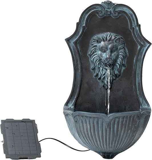 XBrand 26" Solar-Powered Wall-Mounted Lion Head Fountain, Resin, Outdoor, Gray