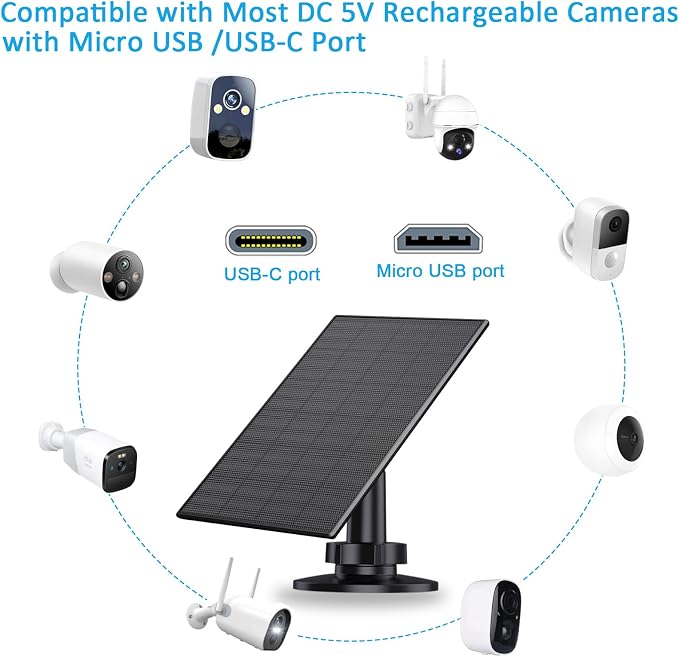 2W Solar Panel for Security Camera Outdoor, USB/USB-C Charger with IP65 Waterproof, 360° Adjustable Mount & 7.2ft Cable, Compatible with Rechargeable Battery Cameras (4 Pack, Black) - Image 6