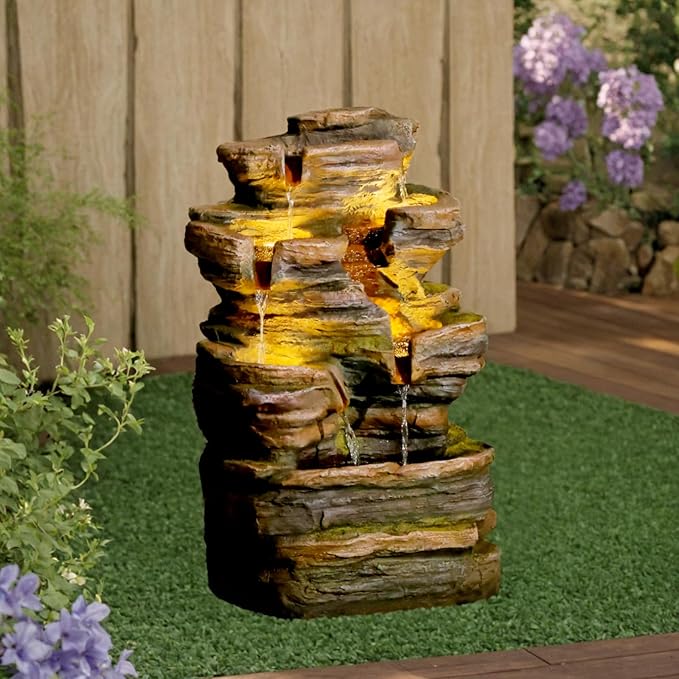 24.2" H 6-Tier Outdoor Water Fountain, Features Rock Garden Waterfall Fountains with Warm Lights, Floor-Standing for Patio, Backyard, Deck, Porch, Home Décor, Brown